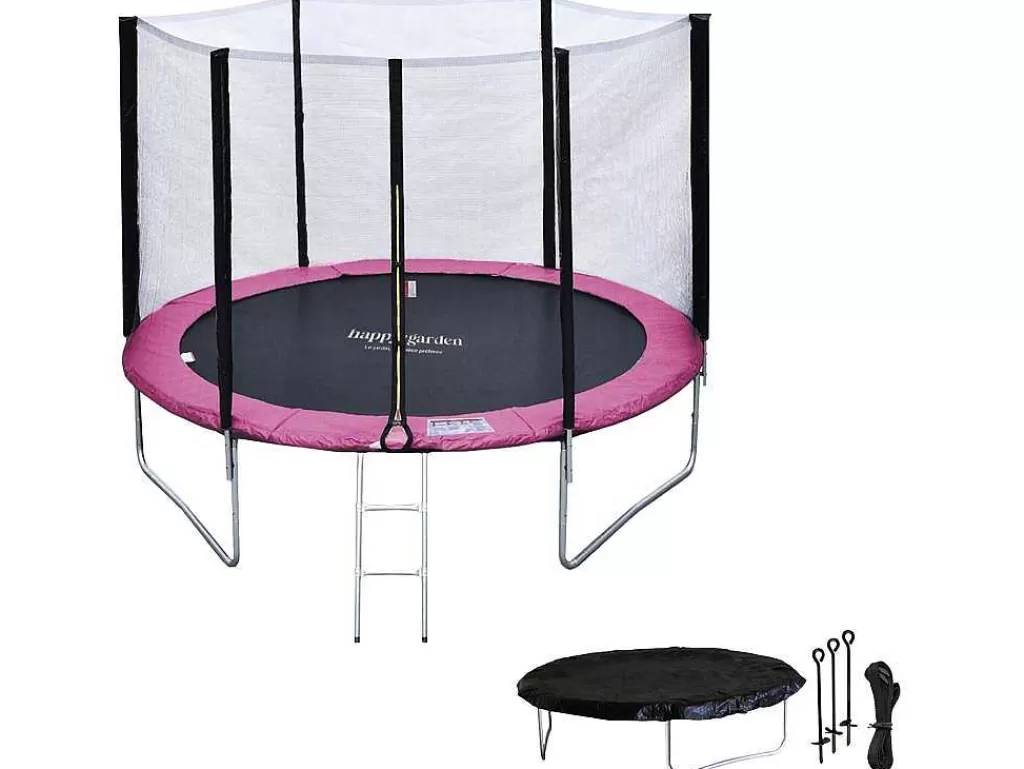 Jogo De Exterior*Happy Garden Pacote Premium Trampolim 305Cm Reversivel Rosa / Cinza Adelaide + Rede, Escada, Cobertura E Kit De Ancoragem