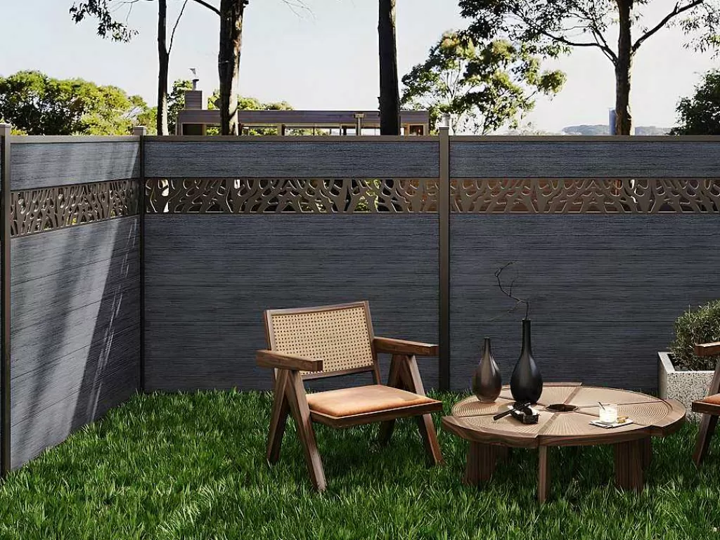 Canico E Cerca*EXPERTLAND Paineis De Vedacao Para Enterrar A181 Cm, Kit De 7 Laminas Em Composito Com Decoração + 2 Postes Antracite - Enola