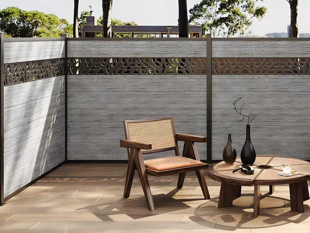 Canico E Cerca*EXPERTLAND Paineis De Vedacao Para Pousar A181 Cm, Kit De 7 Laminas Em Composito Com Decoração + 2 Postes Cinzento-Claro - Enola