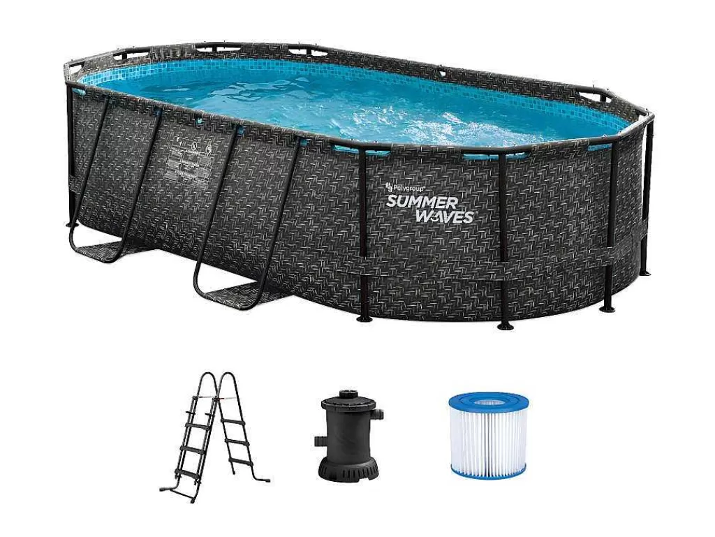 Piscina*Vente-unique Piscina Tubular Oval Efeito Sarja Em Ziguezague Cinzento-Escuro Com Bomba Filtradora De Cartucho C424 X L250 X A100 Cm - Salamanque