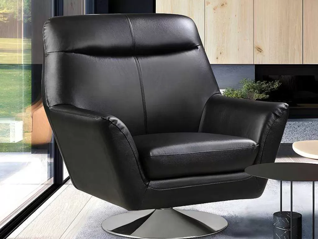 Poltrona Em Pele*Vente-unique Poltrona Giratoria Em Pele De Bufalo Cor Preto - Ithaque