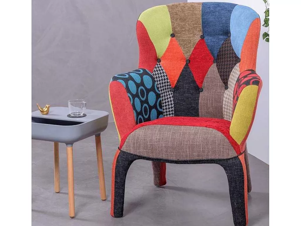 Cadeirão Relax*Vente-unique Poltrona Vintage Estofada Em Tecido Patchwork - Capitone - Retalhos