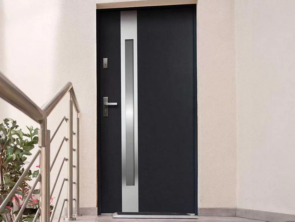 Porta De Entrada*Vente-unique Porta De Entrada Em Aco Envidracado Com Inox De A.207 X L.100 Cm Cor Antracite Com Abertura Para A Direita - Braga