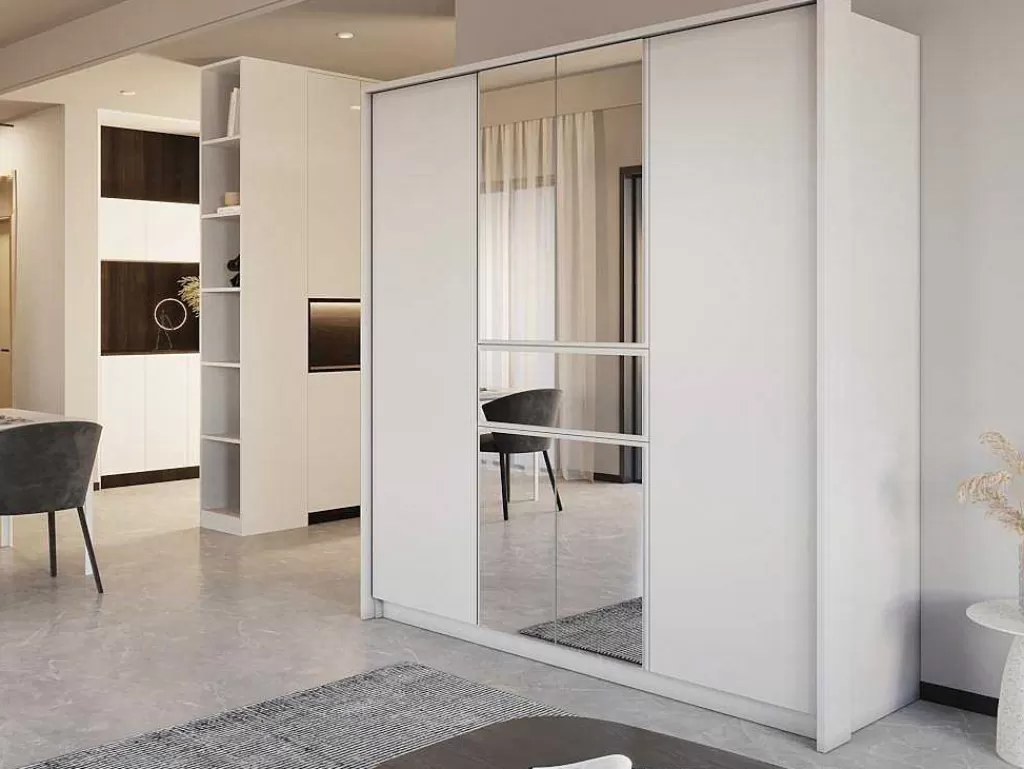 Armário E Roupeiro*Vente-unique Roupeiro 6 Portas E 1 Gaveta Com Espelho De C200 Cm Cor Branco - Zadia