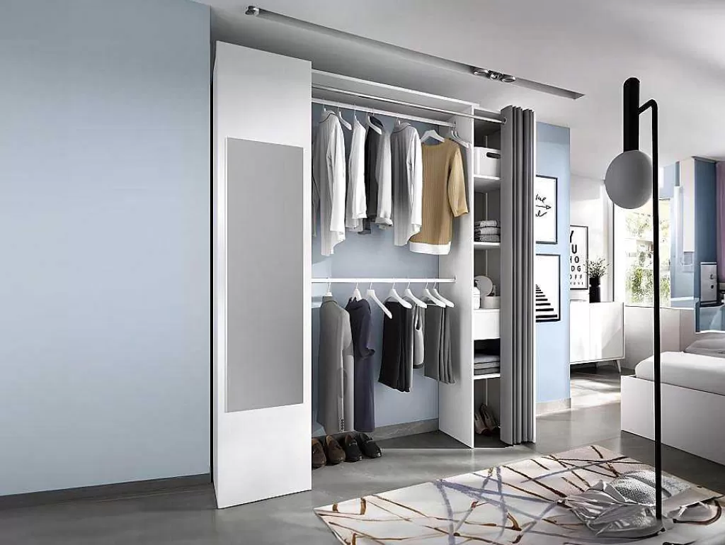 Armário E Roupeiro*Vente-unique Roupeiro Com Cortina E 1 Porta, Com Espelho, C177 Cm Branco E Cinzento - Bertrand