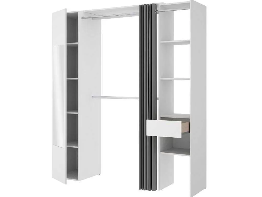 Armário E Roupeiro*Vente-unique Roupeiro Com Cortina E 1 Porta, Com Espelho, C177 Cm Branco E Cinzento - Bertrand