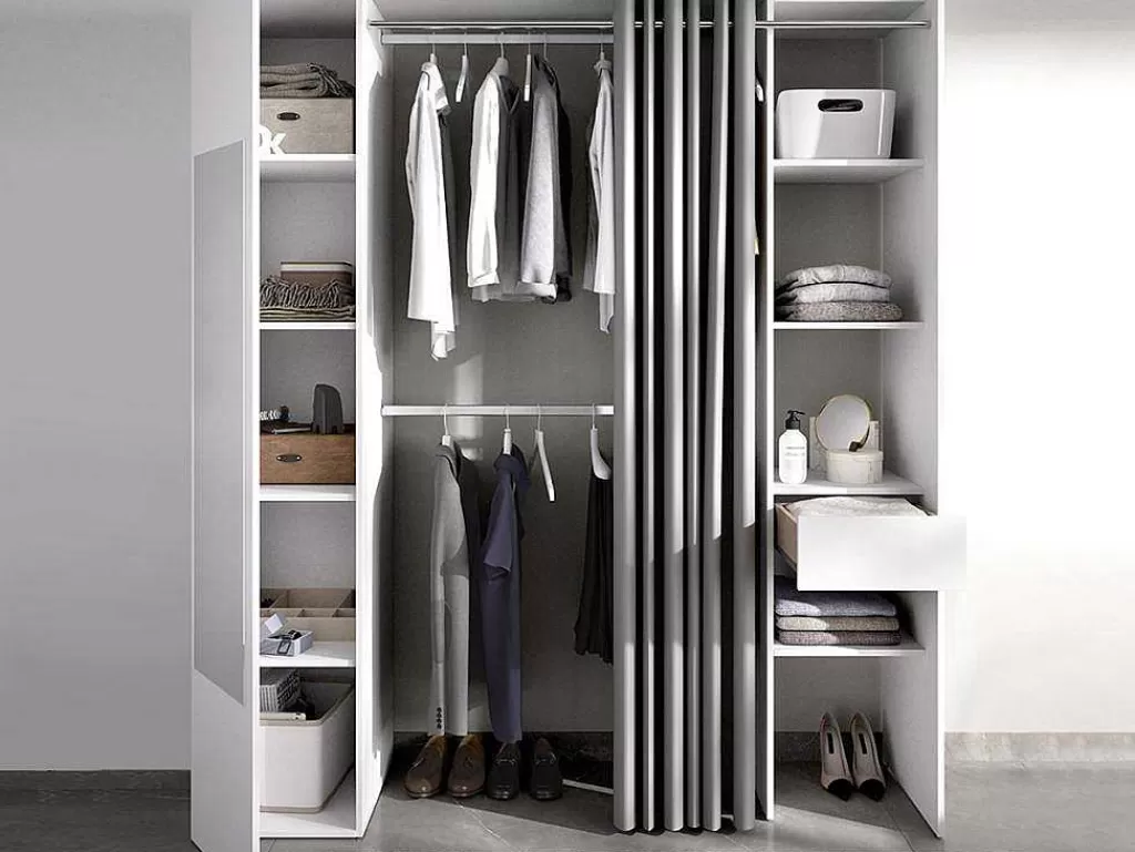 Armário E Roupeiro*Vente-unique Roupeiro Com Cortina E 1 Porta, Com Espelho, C177 Cm Branco E Cinzento - Bertrand
