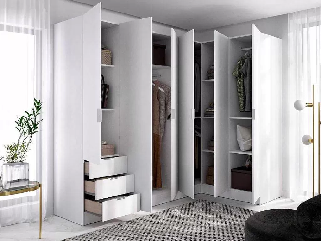 Armário E Roupeiro*Vente-unique Roupeiro De Canto 6 Portas E 3 Gavetas C213 Cm Branco - Listowel