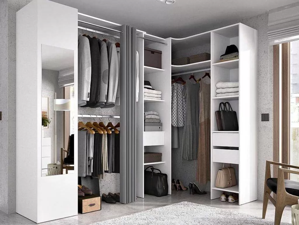 Armário E Roupeiro*Vente-unique Roupeiro De Canto Com Cortina E 1 Porta, Com Espelho, C231 Cm, Branco E Cinzento - Bertrand