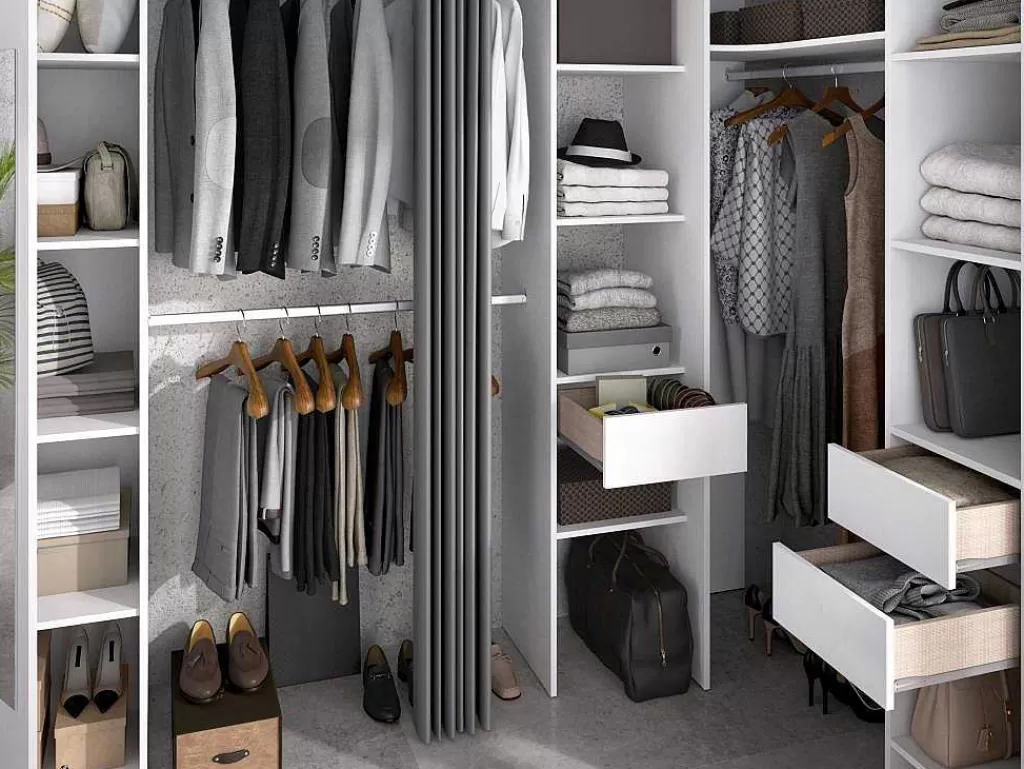 Armário E Roupeiro*Vente-unique Roupeiro De Canto Com Cortina E 1 Porta, Com Espelho, C231 Cm, Branco E Cinzento - Bertrand
