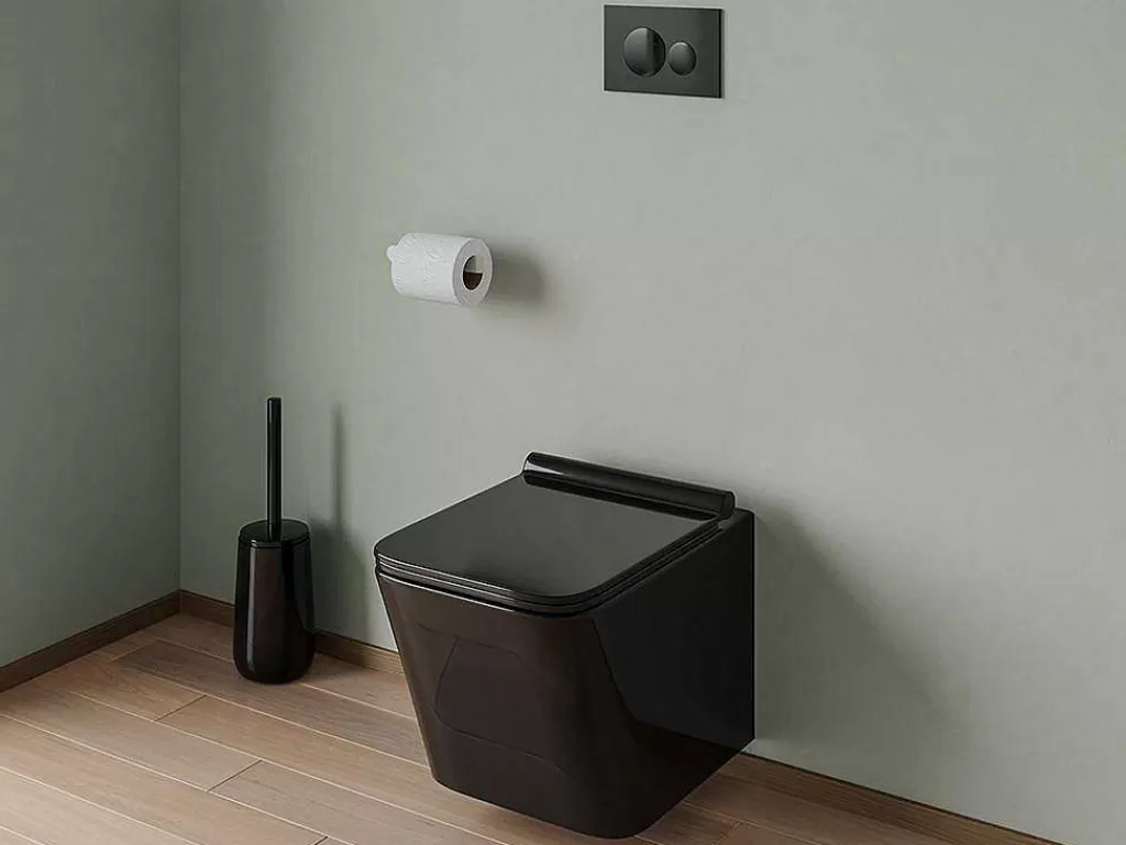 Sanita Suspensa*Vente-unique Sanita Suspensa Em Ceramica Preto Brilhante Com Opcao De Estrutura De Suporte E Placa De Descarga Redonda - Clemona