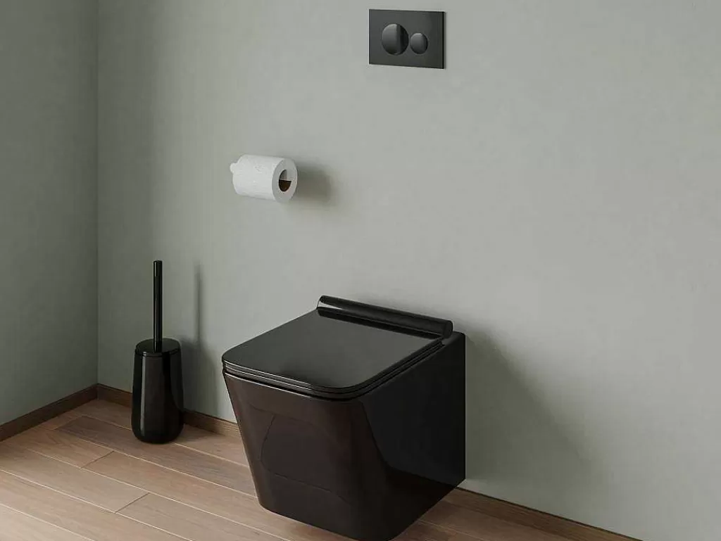 Sanita Suspensa*Vente-unique Sanita Suspensa Em Ceramica Preto Mate Com Opcao De Estrutura De Suporte E Placa De Descarga Redonda - Clemona