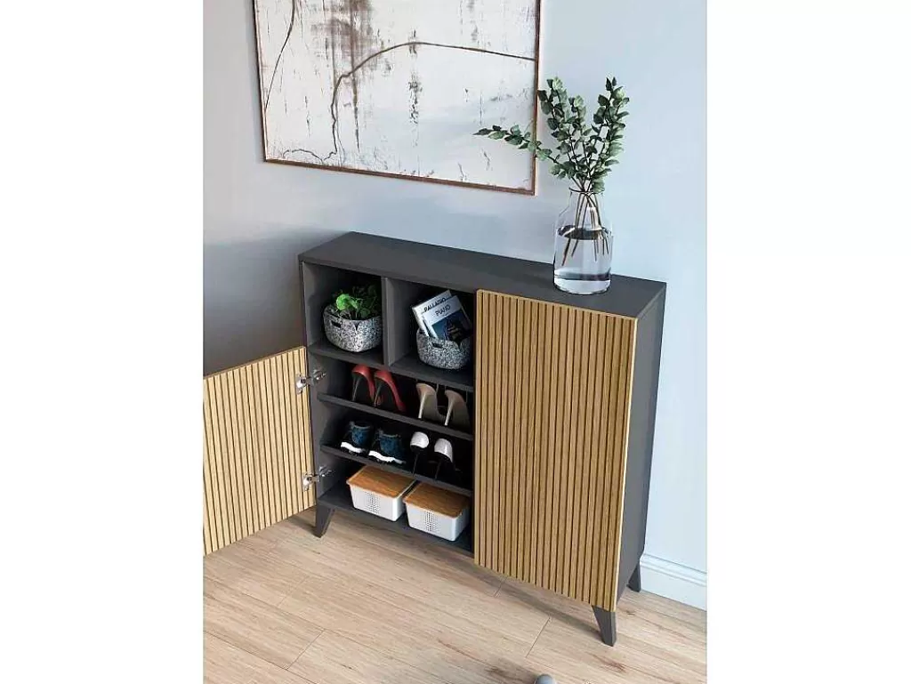 Sapateira*Herdasa Sapateiro/Móvel Organização - H87Cm X L90Cm X P27Cm Cinza Grafite Portas Serrado - Moss