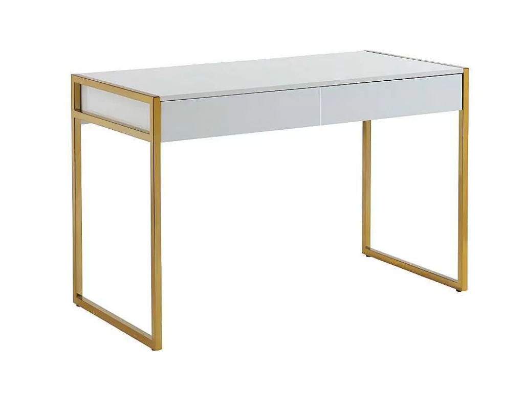 Secretária*PASCAL MORABITO Secretária Com 2 Gavetas Em Mdf E Metal Cor Branco E Dourado - Mason