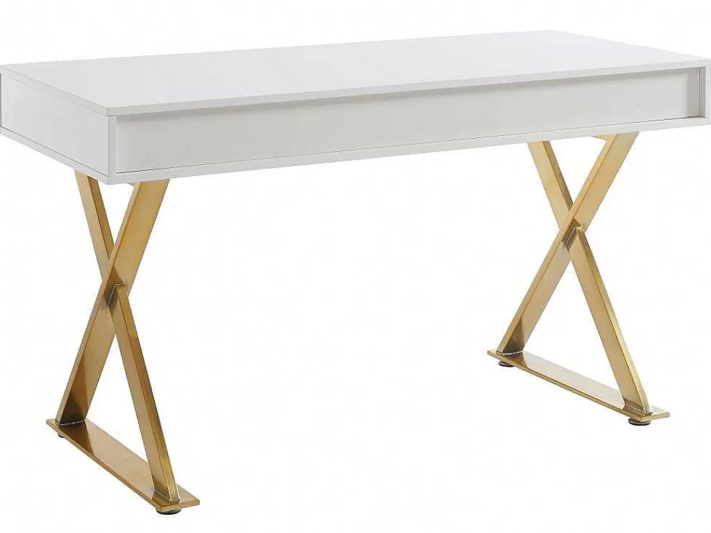 Secretária*PASCAL MORABITO Secretária Com 2 Gavetas, Mdf Lacado E Metal, Branco E Dourado - Pleisa