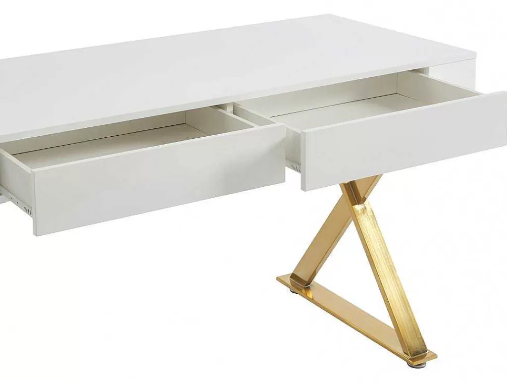 Secretária*PASCAL MORABITO Secretária Com 2 Gavetas, Mdf Lacado E Metal, Branco E Dourado - Pleisa