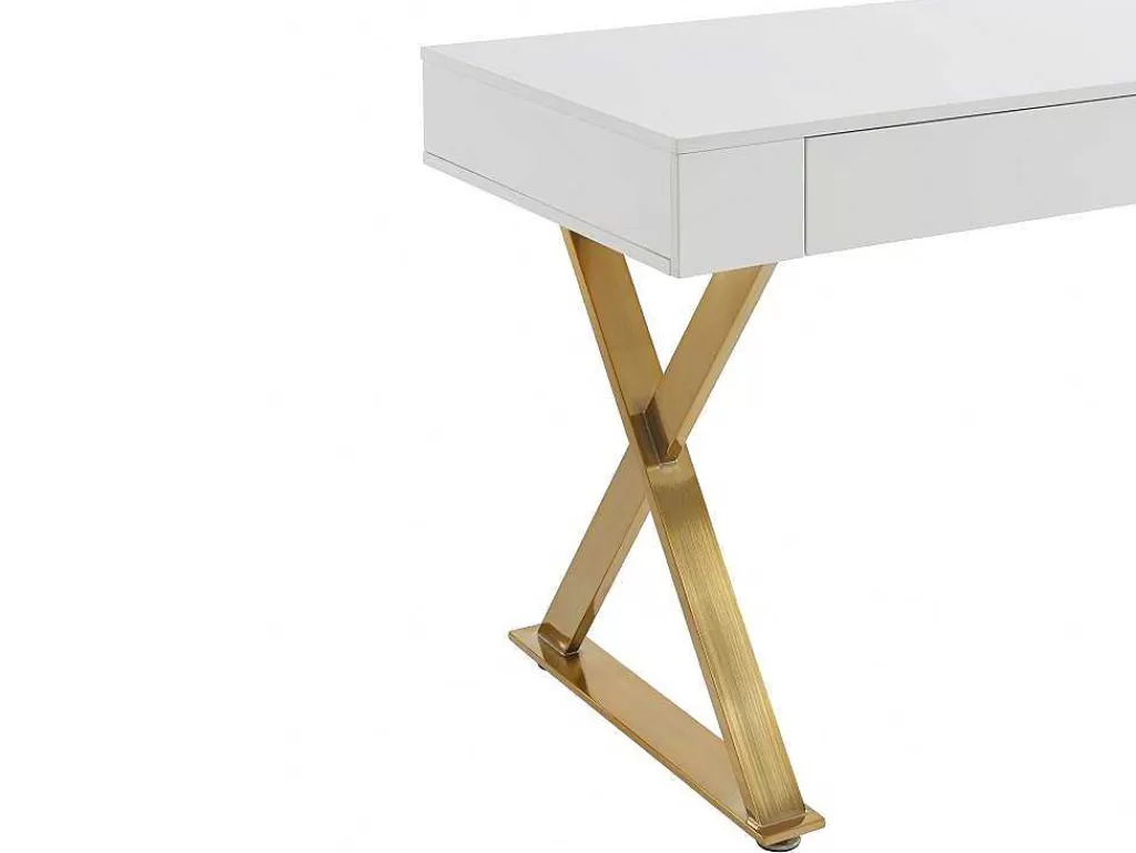 Secretária*PASCAL MORABITO Secretária Com 2 Gavetas, Mdf Lacado E Metal, Branco E Dourado - Pleisa