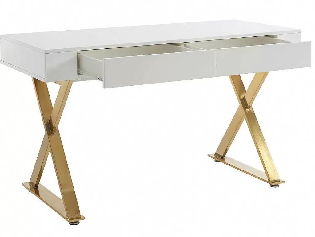 Secretária*PASCAL MORABITO Secretária Com 2 Gavetas, Mdf Lacado E Metal, Branco E Dourado - Pleisa