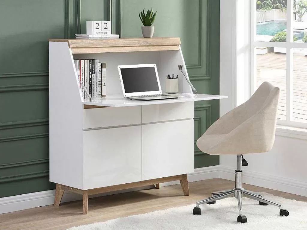 Secretária*Vente-unique Secretária Com 2 Portas E 2 Gavetas Mdf Branco E Natural - Rilesa