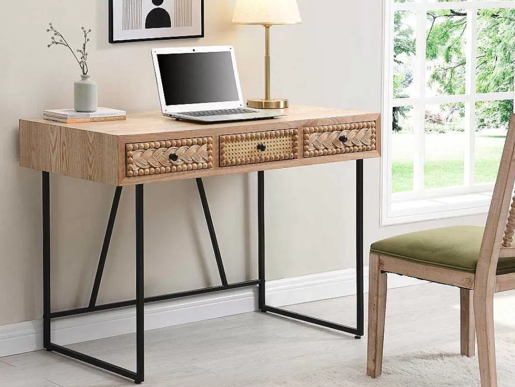 Secretária*Vente-unique Secretária Com 3 Gavetas Mdf E Metal Cor Natural E Preto - Akivi