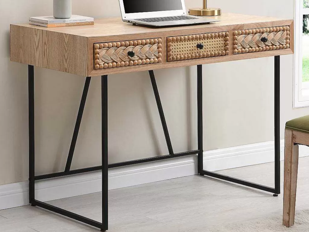 Secretária*Vente-unique Secretária Com 3 Gavetas Mdf E Metal Cor Natural E Preto - Akivi