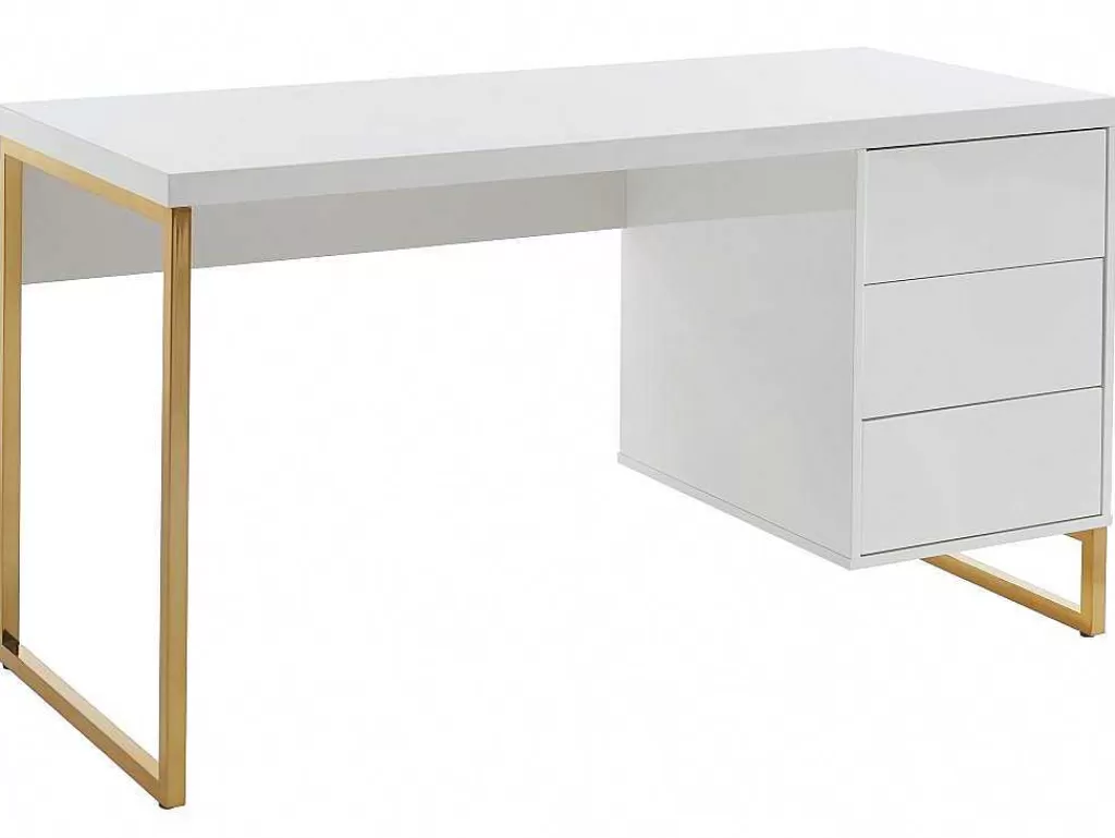 Secretária*PASCAL MORABITO Secretária Com 3 Gavetas, Mdf Lacado E Metal, Branco E Dourado - Timfia