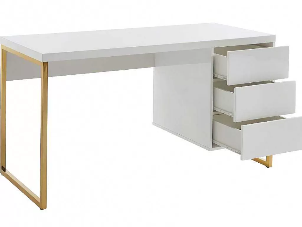 Secretária*PASCAL MORABITO Secretária Com 3 Gavetas, Mdf Lacado E Metal, Branco E Dourado - Timfia