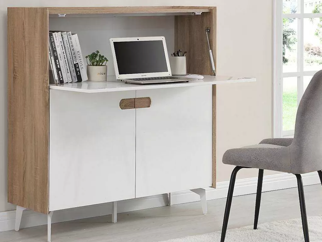 Secretária*Vente-unique Secretária Com 3 Portas Mdf E Metal Cor Natural E Branco - Derelis