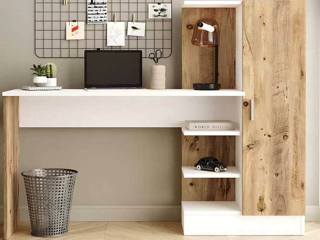 Secretária*Vente-unique Secretária Com Armário De Arrumação Cor Natural E Branco - Milaria