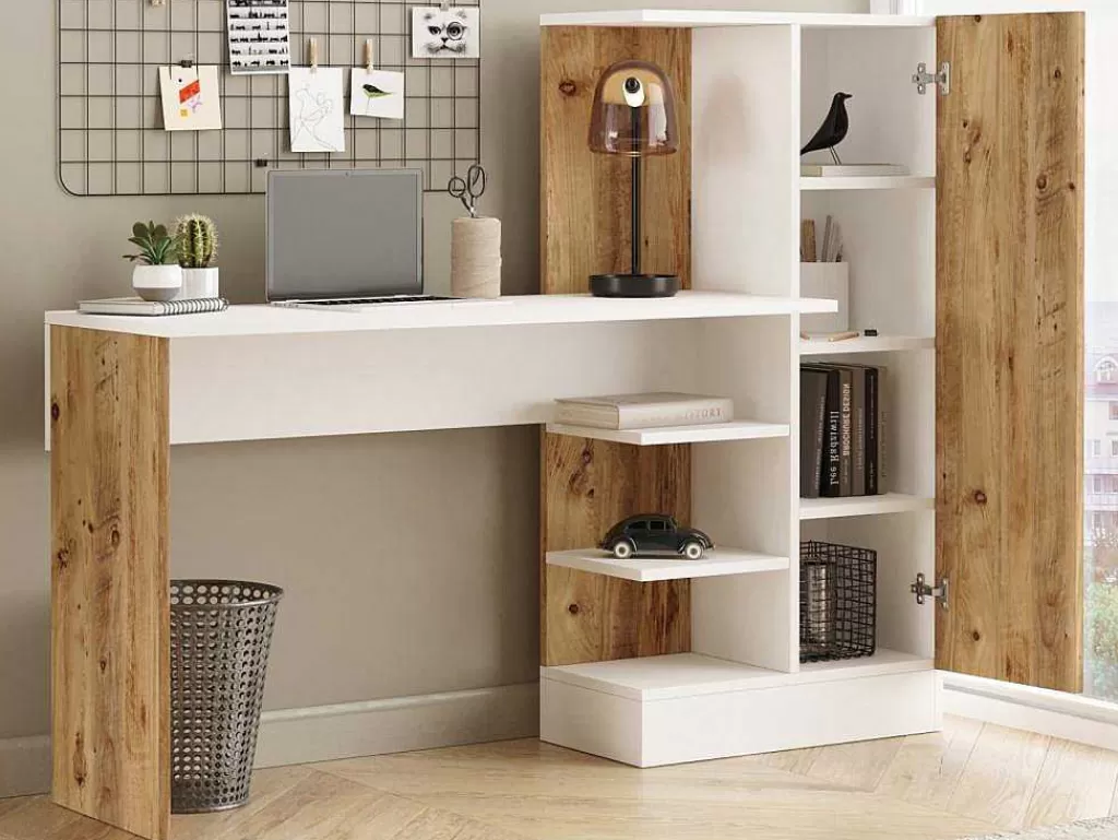 Secretária*Vente-unique Secretária Com Armário De Arrumação Cor Natural E Branco - Milaria