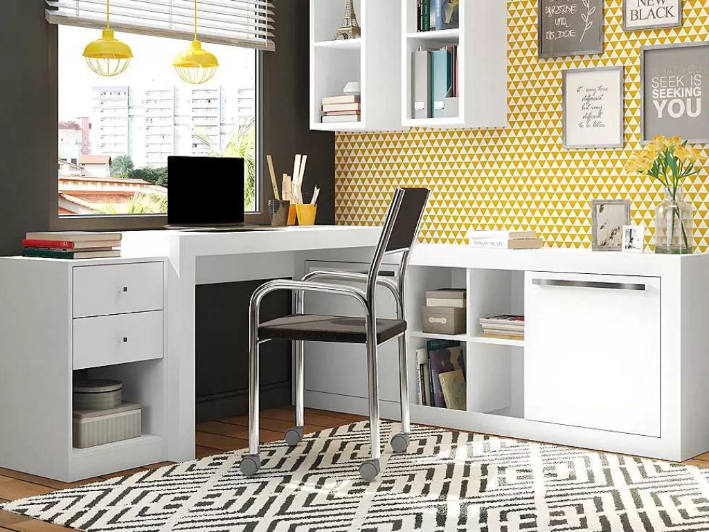 Secretária*Vente-unique Secretária De Canto Com 2 Gavetas E 2 Portas Cor Branco - Evan