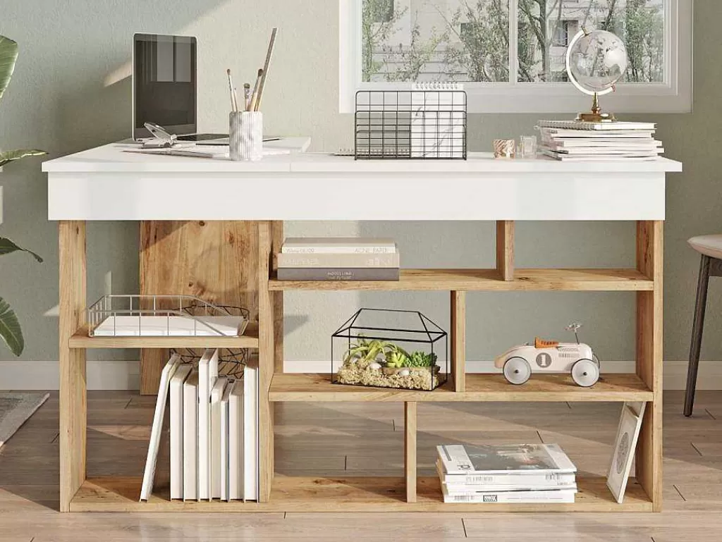 Secretária*Vente-unique Secretária De Canto Com Espacos De Arrumação Cor Branco E Natural - Lileul