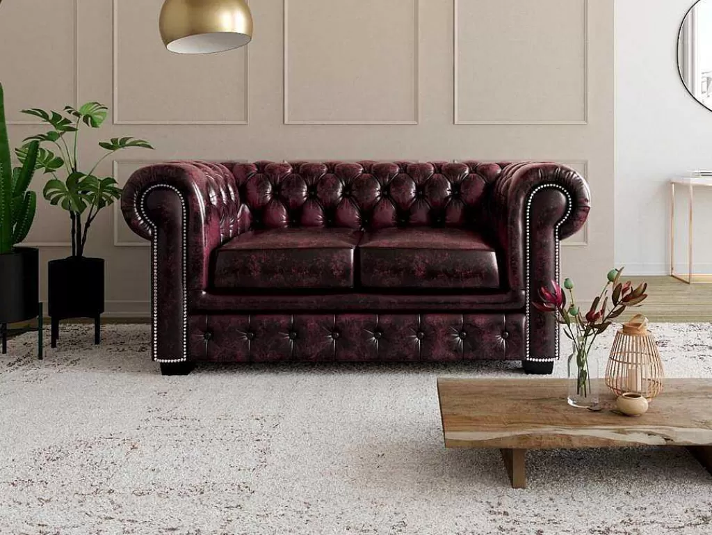 Sofá De 2 Lugares*LINEA Sofá Sofá 2 Lugares 100% Pele De Bufalo Cereja Estilo Chesterfield - Brenton