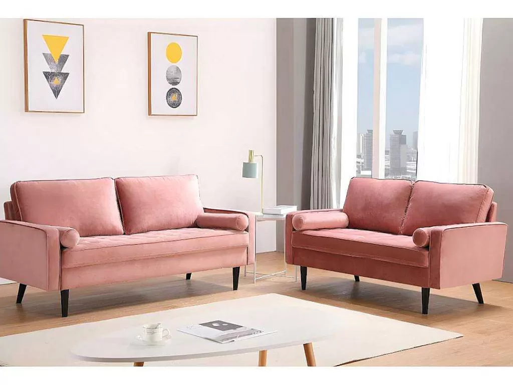 Conjunto De Sofá*Vente-unique Sofá 3+2 Lugares Em Veludo Rosa Velho - Fleuet