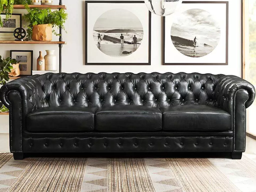 Sofá Em Pele*LINEA Sofá Sofá 4 Lugares 100% Pele Verde Escuro Estilo Chesterfield - Brenton