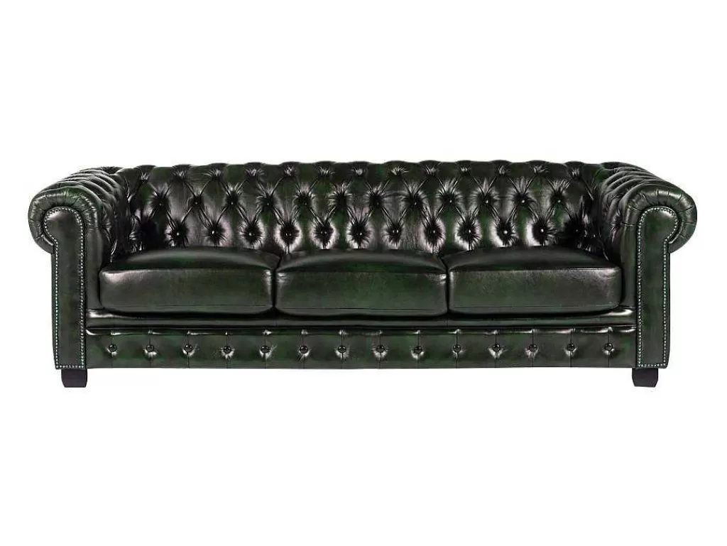 Sofá Em Pele*LINEA Sofá Sofá 4 Lugares 100% Pele Verde Escuro Estilo Chesterfield - Brenton