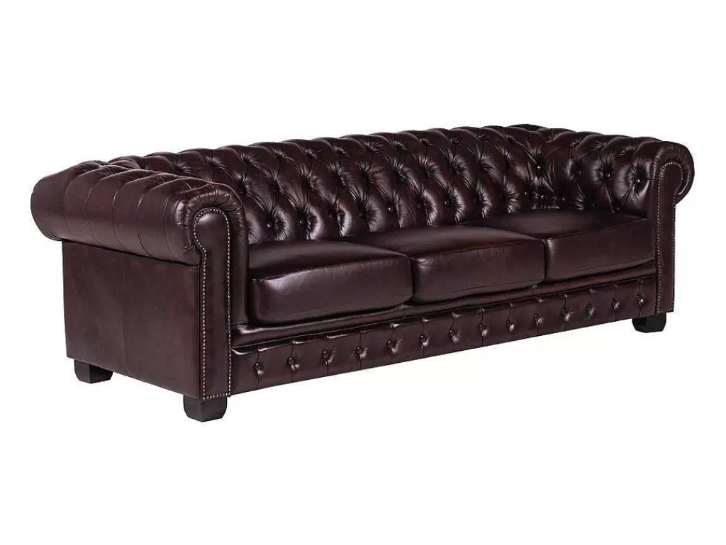 Sofá Em Pele*LINEA Sofá Sofá 4 Lugares 100% Pele Vermelho Estilo Chesterfield - Brenton