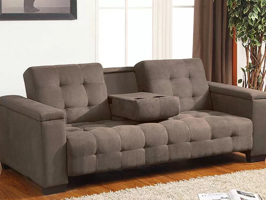 Sofá Cama Clic-Clac E Dobravel*Vente-unique Sofá Cama Clic Clac De 3 Lugares Em Microfibra Com Mesinha De Centro Rebatível Castanho - Devonshire
