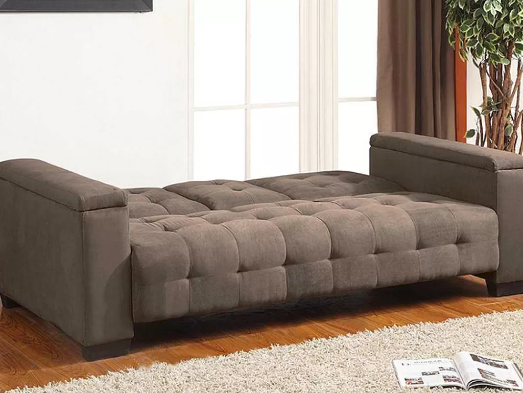 Sofá Cama Clic-Clac E Dobravel*Vente-unique Sofá Cama Clic Clac De 3 Lugares Em Microfibra Com Mesinha De Centro Rebatível Castanho - Devonshire