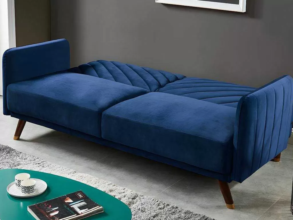 Sofá Cama Clic-Clac E Dobravel*Vente-unique Sofá Cama De 3 Lugares Convertivel Em Cama Em Veludo Azul Escuro - Joris