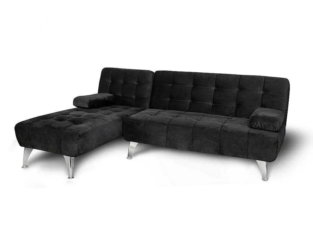 Sofá Cama Clic-Clac E Dobravel*Saldosystocks Sofá Chaise Longue Aroa-Xs, Veludo De 3 Lugares Conversivel Em Cama, Cor Preta, 198X150Cm
