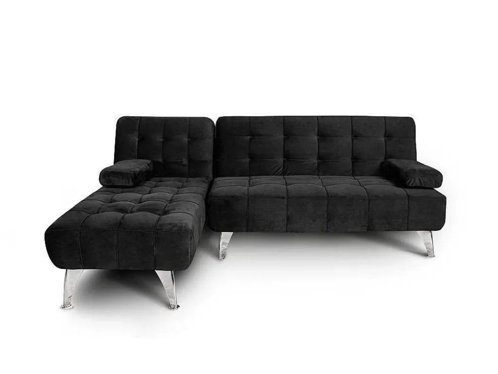 Sofá Cama Clic-Clac E Dobravel*Saldosystocks Sofá Chaise Longue Aroa-Xs, Veludo De 3 Lugares Conversivel Em Cama, Cor Preta, 198X150Cm