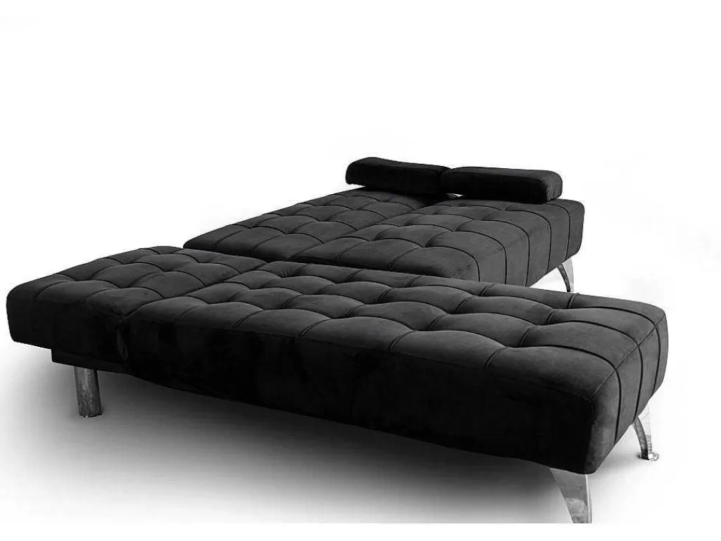Sofá Cama Clic-Clac E Dobravel*Saldosystocks Sofá Chaise Longue Aroa-Xs, Veludo De 3 Lugares Conversivel Em Cama, Cor Preta, 198X150Cm
