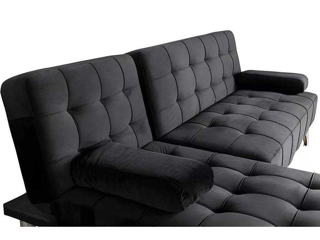 Sofá Cama Clic-Clac E Dobravel*Saldosystocks Sofá Chaise Longue Aroa-Xs, Veludo De 3 Lugares Conversivel Em Cama, Cor Preta, 198X150Cm