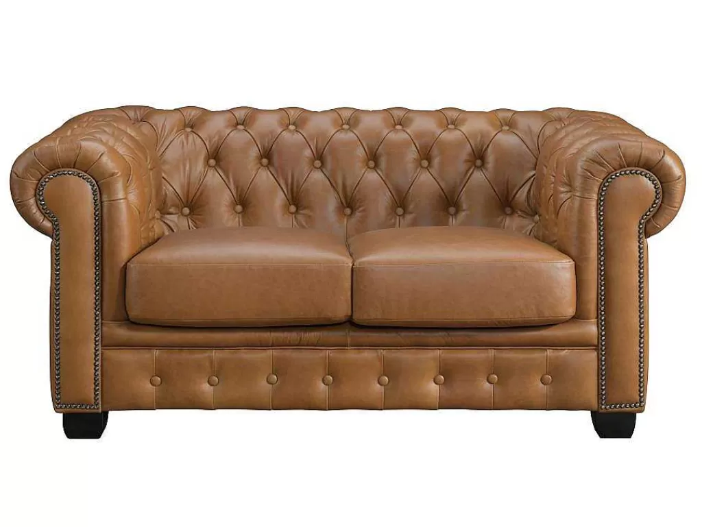 Sofá De 2 Lugares*LINEA Sofá Sofá Chesterfield 2 Lugares Brenton 100% Pele De Bufalo Superior Cor Caramelo Vintage