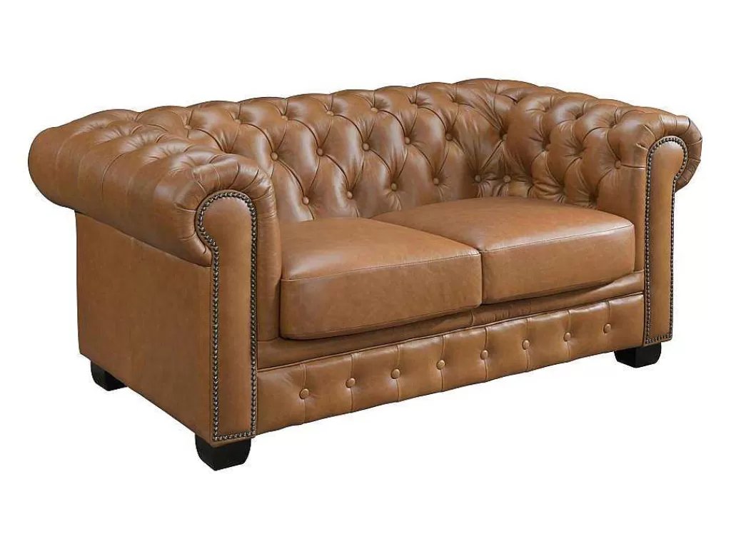 Sofá De 2 Lugares*LINEA Sofá Sofá Chesterfield 2 Lugares Brenton 100% Pele De Bufalo Superior Cor Caramelo Vintage