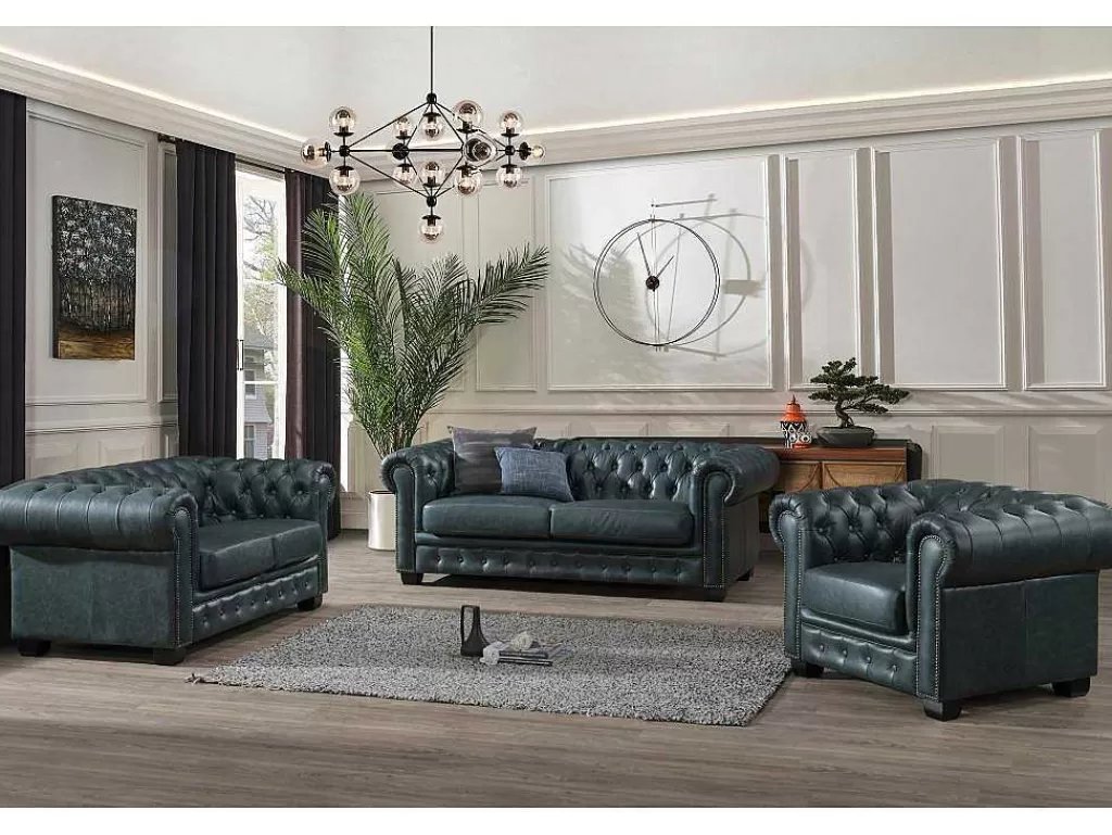 Promoções Sofás & Poltronas*LINEA Sofá Sofá Chesterfield 3+2+1 Lugares Brenton 100% Pele De Bufalo Superior Cor Verde-Acinzentado