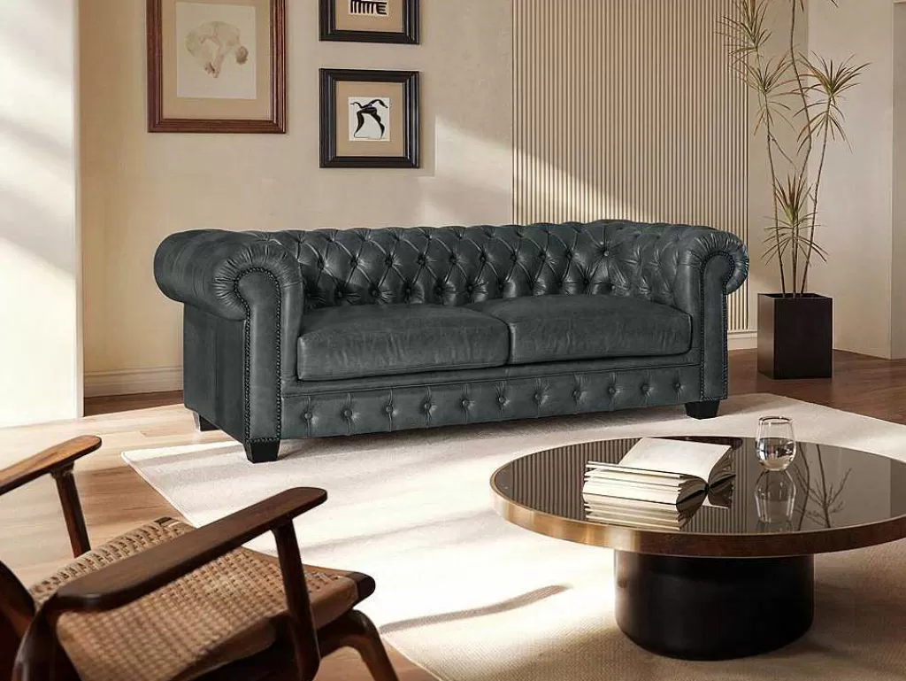 Promoções Sofás & Poltronas*LINEA Sofá Sofá Chesterfield 3 Lugares Brenton 100% Pele De Bufalo Superior Cor Verde-Acinzentado