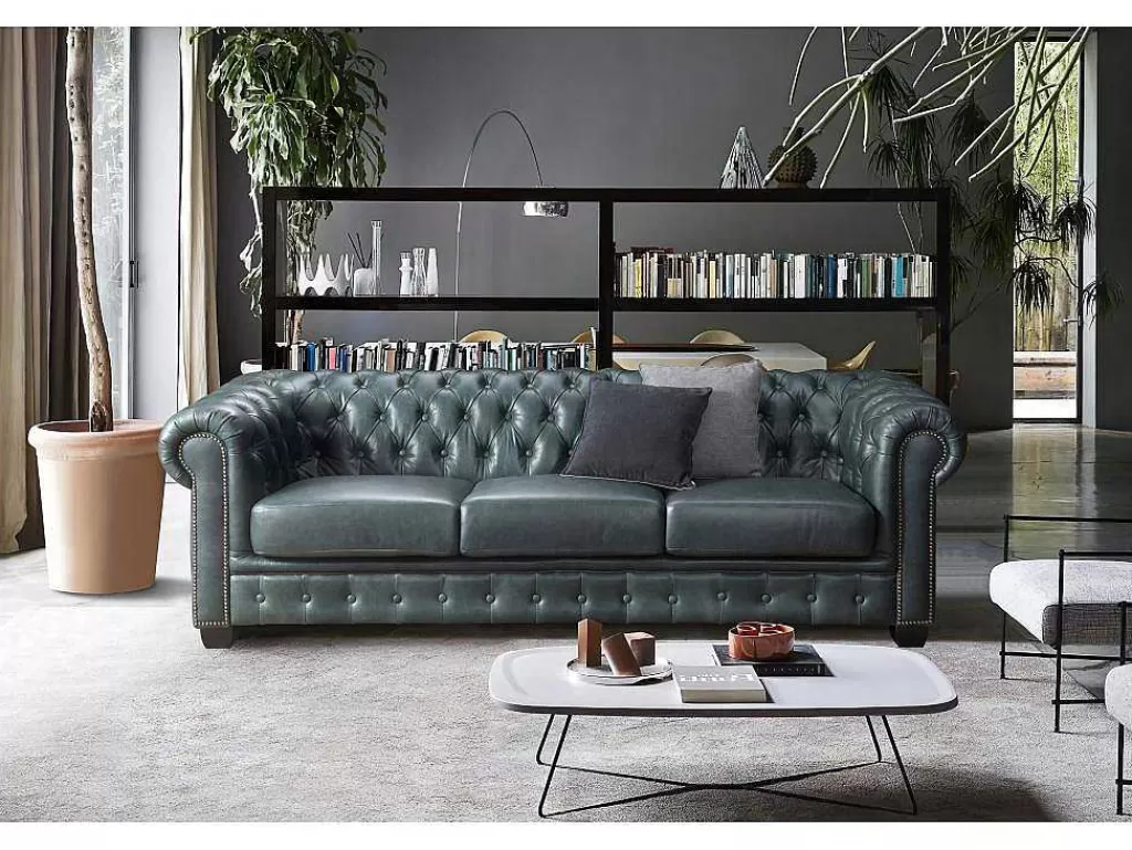 Promoções Sofás & Poltronas*LINEA Sofá Sofá Chesterfield 4 Lugares Brenton 100% Pele De Bufalo Superior Cor Verde-Acinzentado