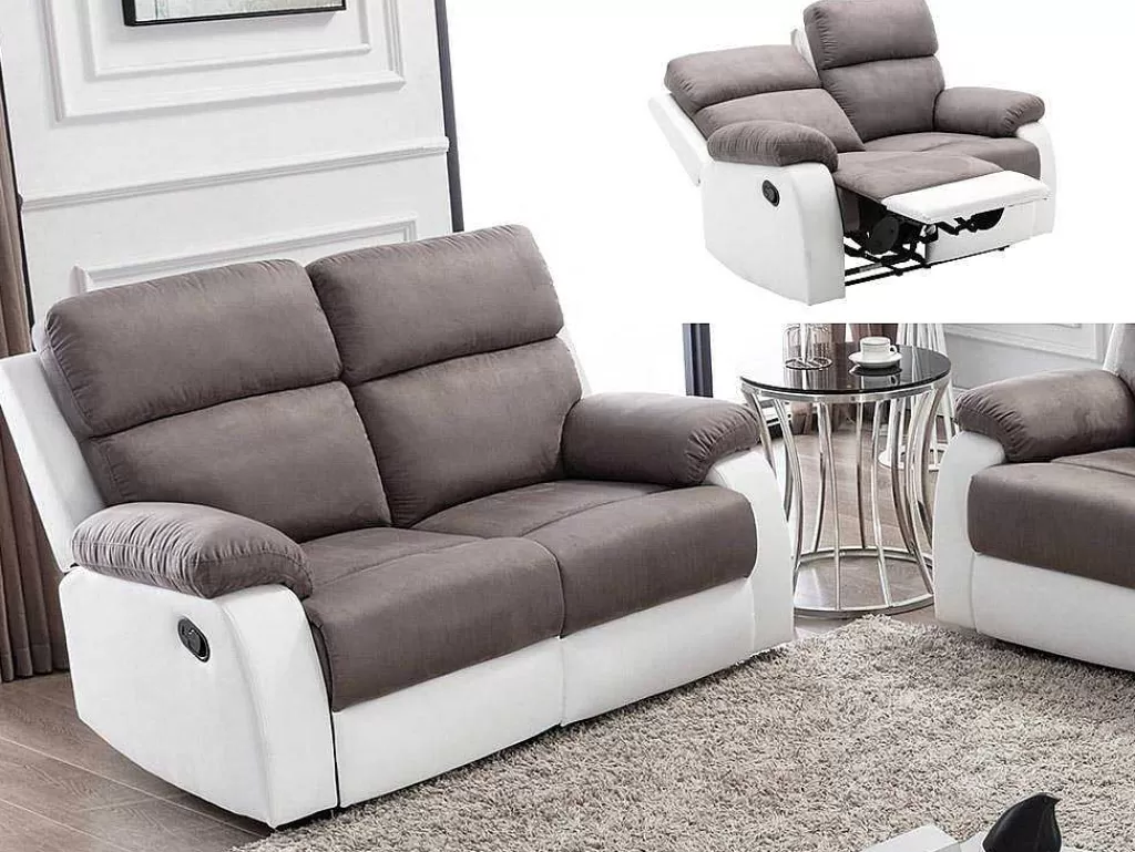 Sofá De Relaxamento Manual*Vente-unique Sofá De 2 Lugares Articulado Manual Em Microfibra E Pele Sintética - Cinza E Branco - Tolzano